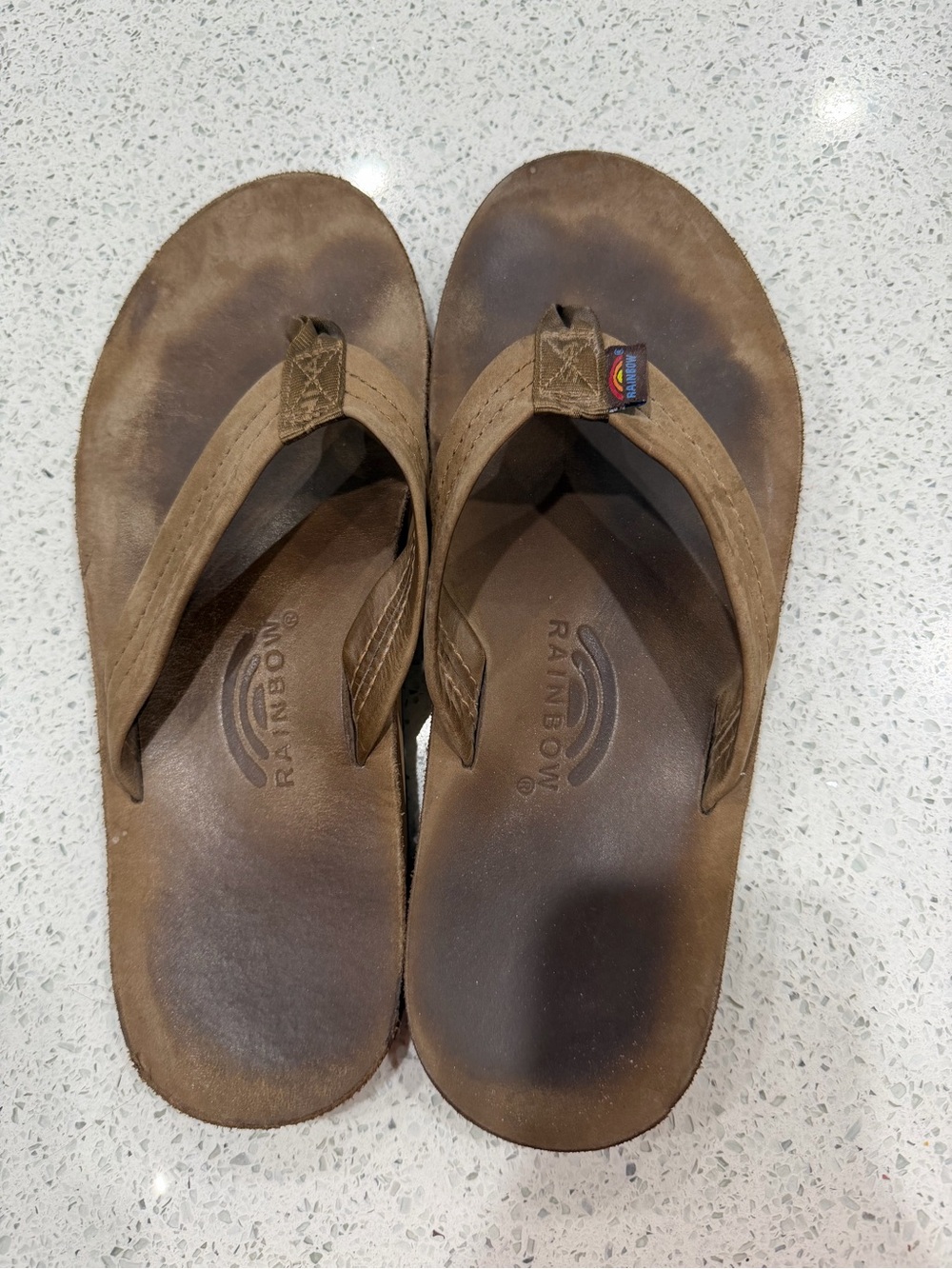 Rainbow Brown Leather Flip Sandals with Mild Distress